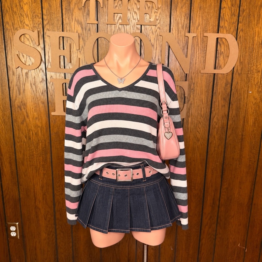 Pink Gray Striped V-Neck Sweater Karen Scott Women L Y2K Preppy Soft Grunge Twee